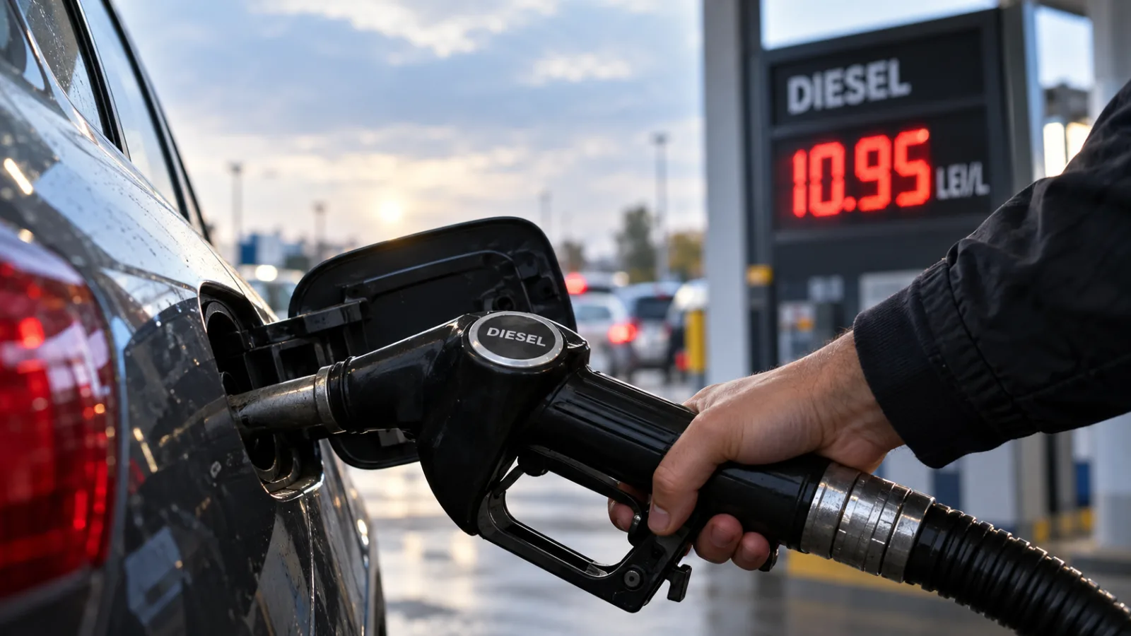 Pistol de alimentare cu motorină introdus în rezervorul unei mașini, cu un preț de 10,95 lei pe litru afișat în fundal
