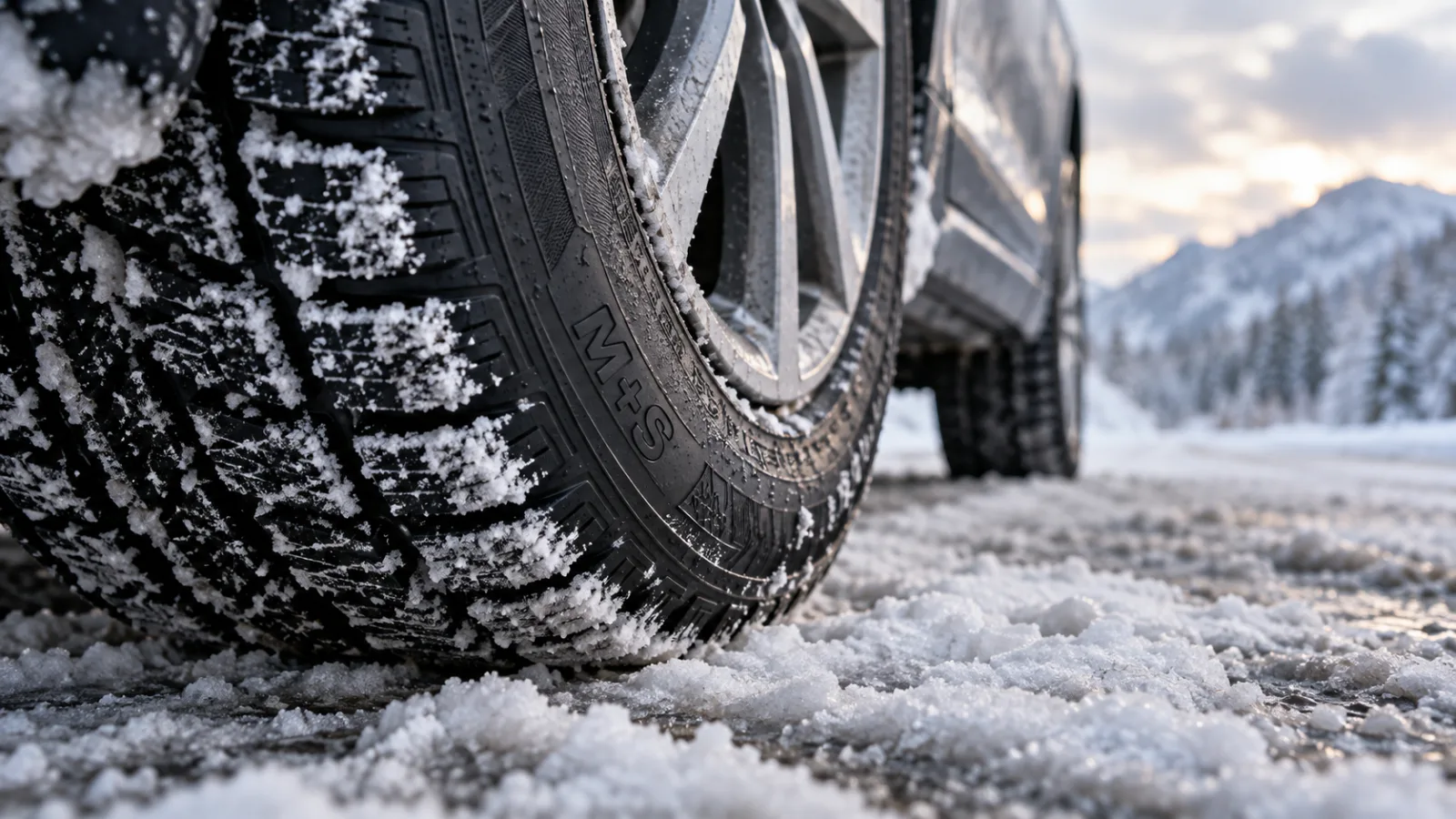 Anvelopă auto cu marcajul M+S vizibil pe flanc, marcaj folosit pentru identificarea anvelopelor conforme în condiții de iarnă