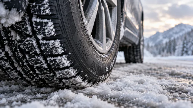 Anvelopă auto cu marcajul M+S vizibil pe flanc, marcaj folosit pentru identificarea anvelopelor conforme în condiții de iarnă