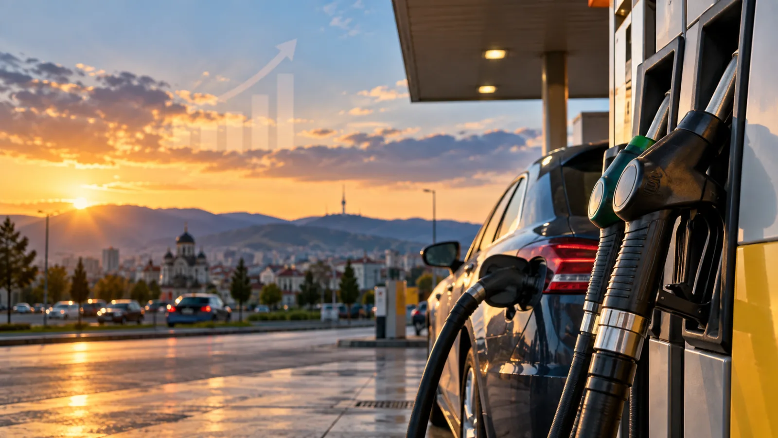 Pompă de carburant și mașină la benzinărie, ilustrând creșterea prețului motorinei
