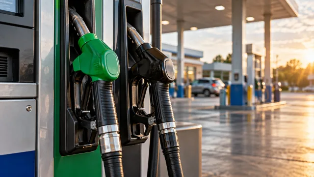 Pistoale de alimentare pentru benzină și motorină într-o benzinărie, ilustrând diferența de preț dintre cele două tipuri de carburant