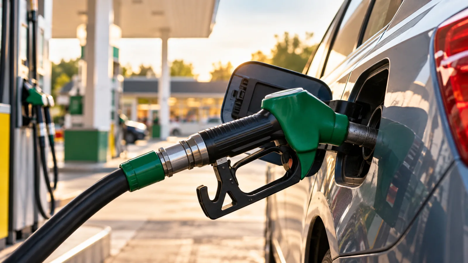 Pistol de alimentare cu benzină la o pompă, într-o benzinărie, ilustrând creșterea prețurilor carburanților