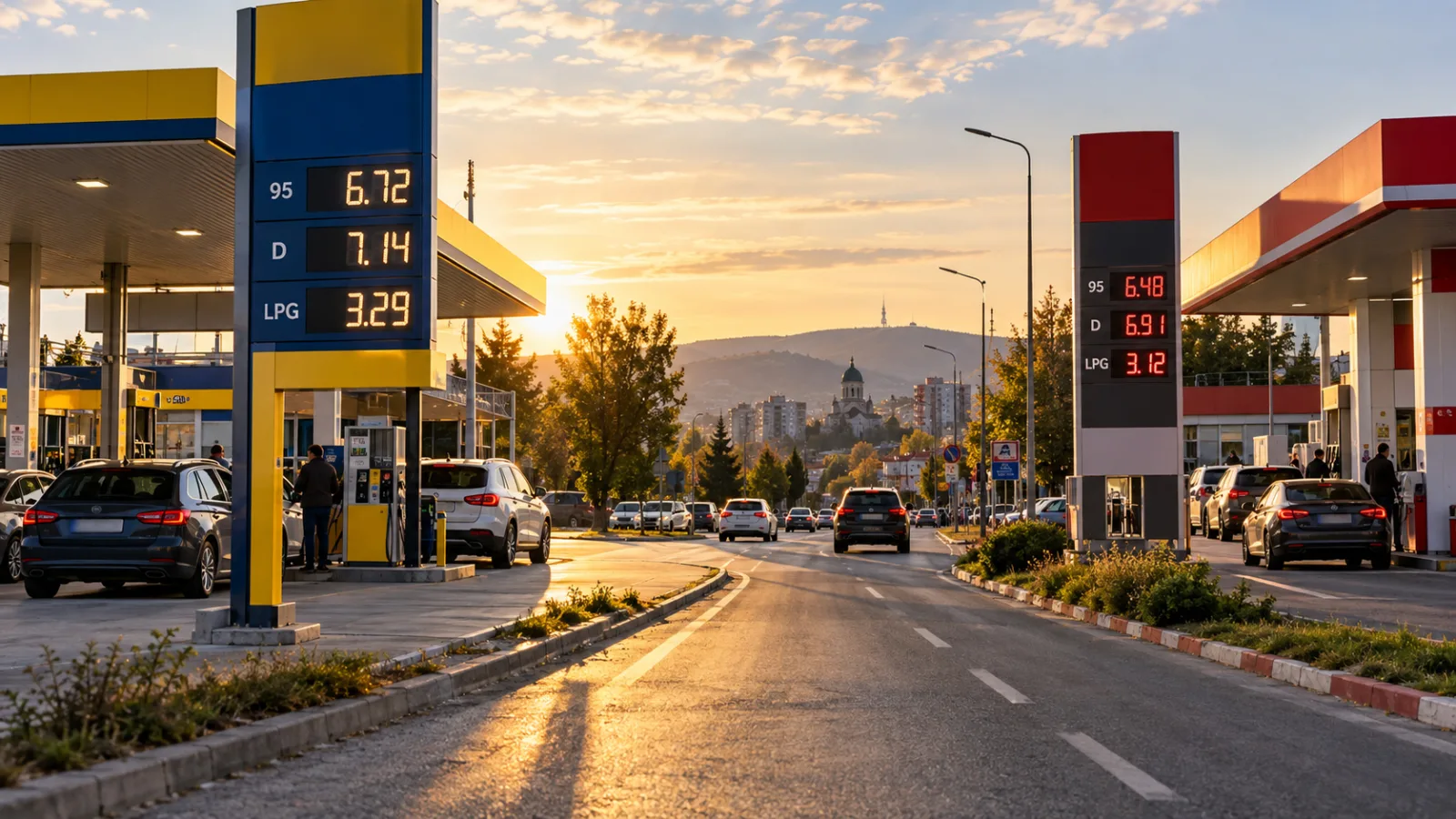 Panouri de preț la două benzinării, ilustrând diferențele de preț ale carburanților