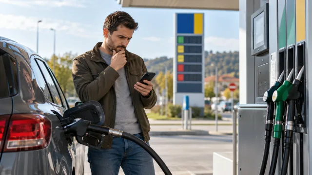 Șofer comparând prețurile la carburant înainte de alimentare la o benzinărie