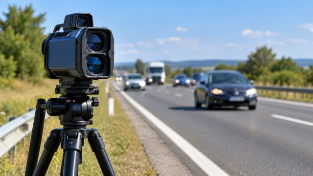 Radar mobil montat pe trepied pe marginea unui drum, ilustrând sistemul e-SIGUR